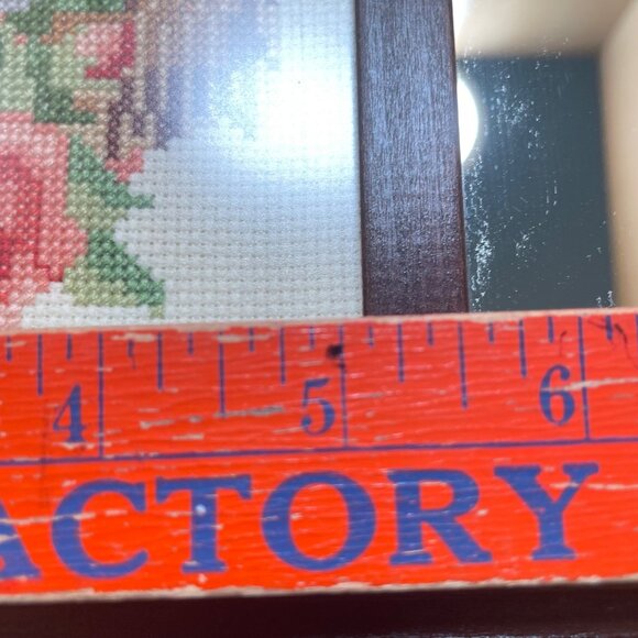 Vintage Wooden Framed Mirror With Handcrafted Cross-Stitch Rose & Dove Design - Picture 12 of 15